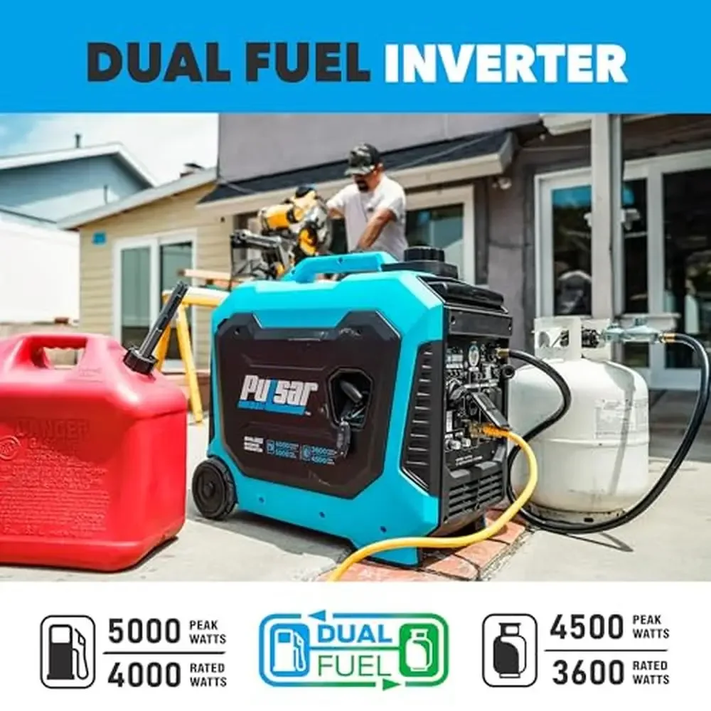 Dual Fuel Portable Inverter Generator 5000W Peak 4000W Rated Ideal Sensitive Electronics and Air Conditioner Units 9 Hours