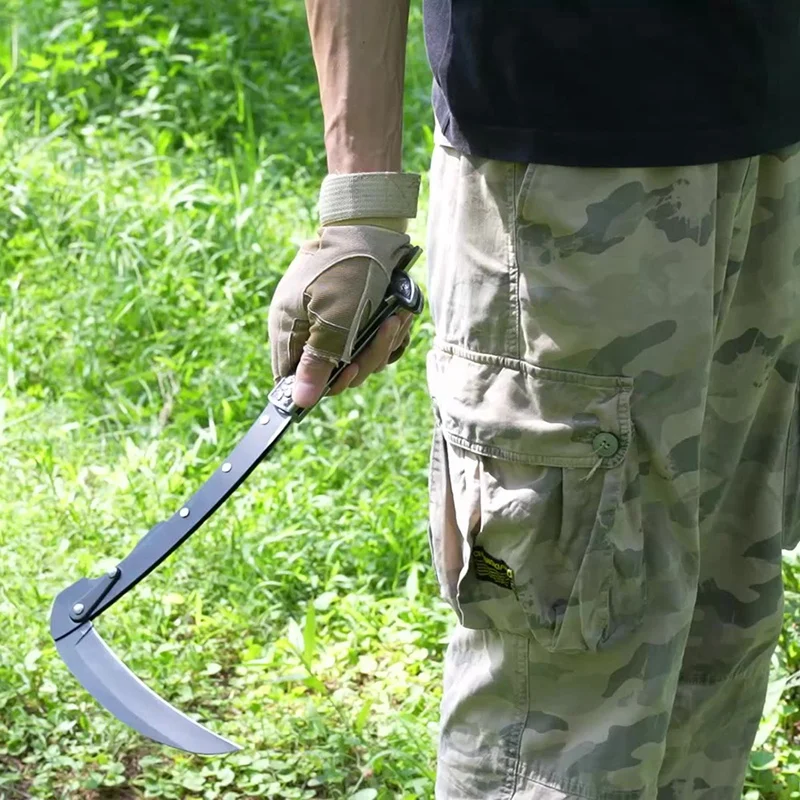 シラミ-ステンレス鋼の刃と鞘を備えた黒い折りたたみ鎌、農業の芝刈りに適しています