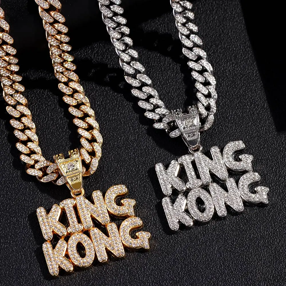 

Punk Shiny Crystal Letter KING KONG Pendant Necklace For Men Women Hip Hop Iced Out Cuban Link Chain Necklace Rapper Jewelry