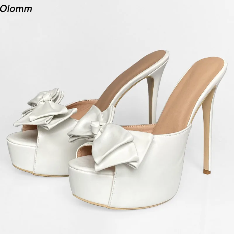 Olomm Handwork Women Mules Sandals Butterfly Knot Sexy Stiletto Heels Peep Toe Pretty White Party Shoes US Plus Size 5-20
