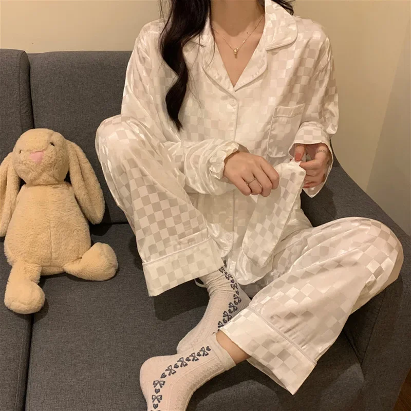 

Spring Autumn Sleepwear Women Silk Pajamas Sets Long Sleeve Cardigan Pants Prints High-end Women's Clothing Trends Loungewear