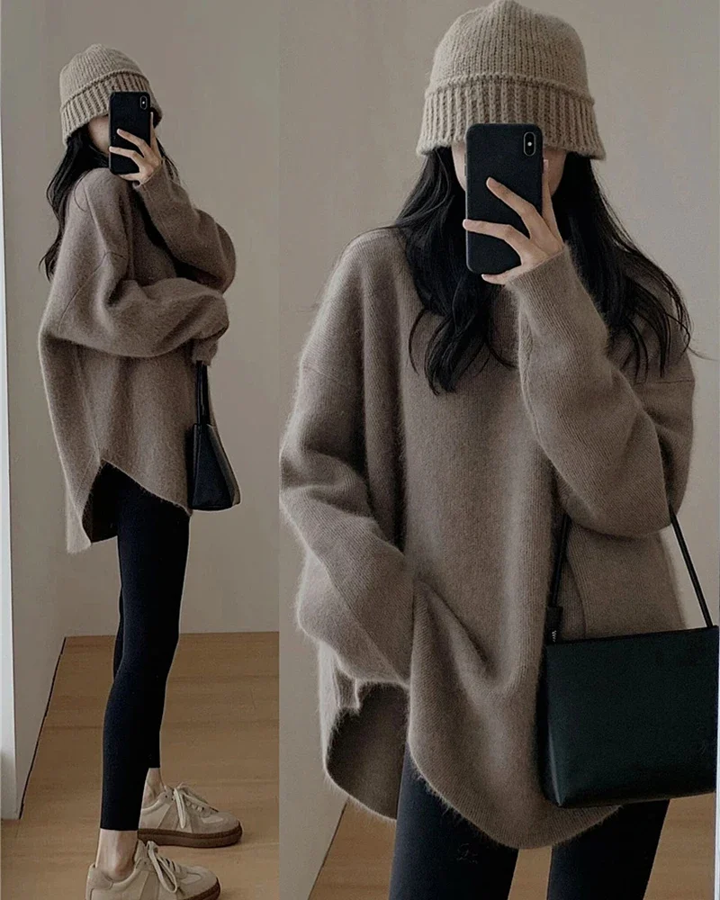 GIDYQ Soft Cashmere Sweater Women Korean Loose Lazy Wind Mid Length Knitwear French Vintage Solid Pullover Autumn Winter Tops