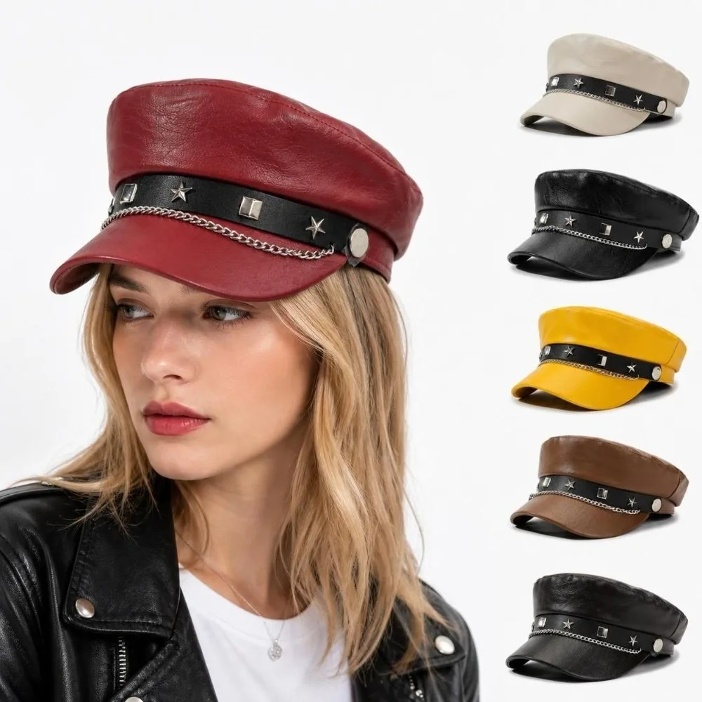 Fashion PU Leather Newsboy Hat Metal Chain Decor Solid Color Baker Boy Cap Star Strap Casual Beret Hat Daily Wear