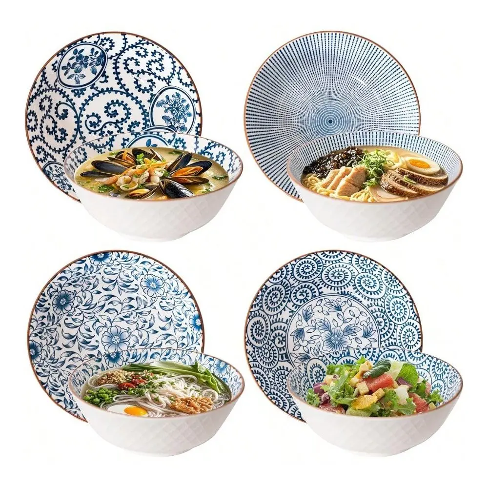 Juego de 4 tazones de 40 oz para Pho, tazones grandes de cerámica de 8 pulgadas para sopa, fideos y Udon, estilo japonés azul y blanco, aptos para microondas.