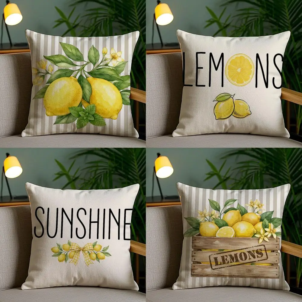 4PC Summer Lemon Print Cushion Cover Soft Plush Double-Sided Print Pillow Case Home Decor for Sofa Living Room Gift