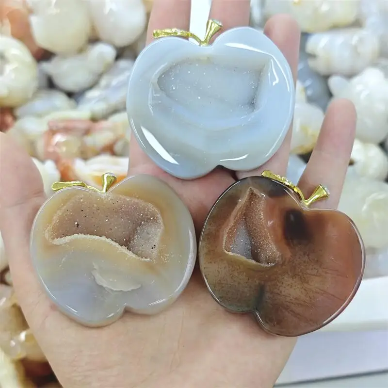 Natural Agate Geode Apple Carving Reiki Healing Fengshui Stone Gift Home Office Decoration Gift 1PCS
