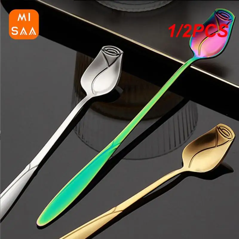 1/2PCS Tea Spoon Creative Colorful Stainless Steel Spoon Coffee Spoon Long Handle Dessert Spoon Small Teaspoon