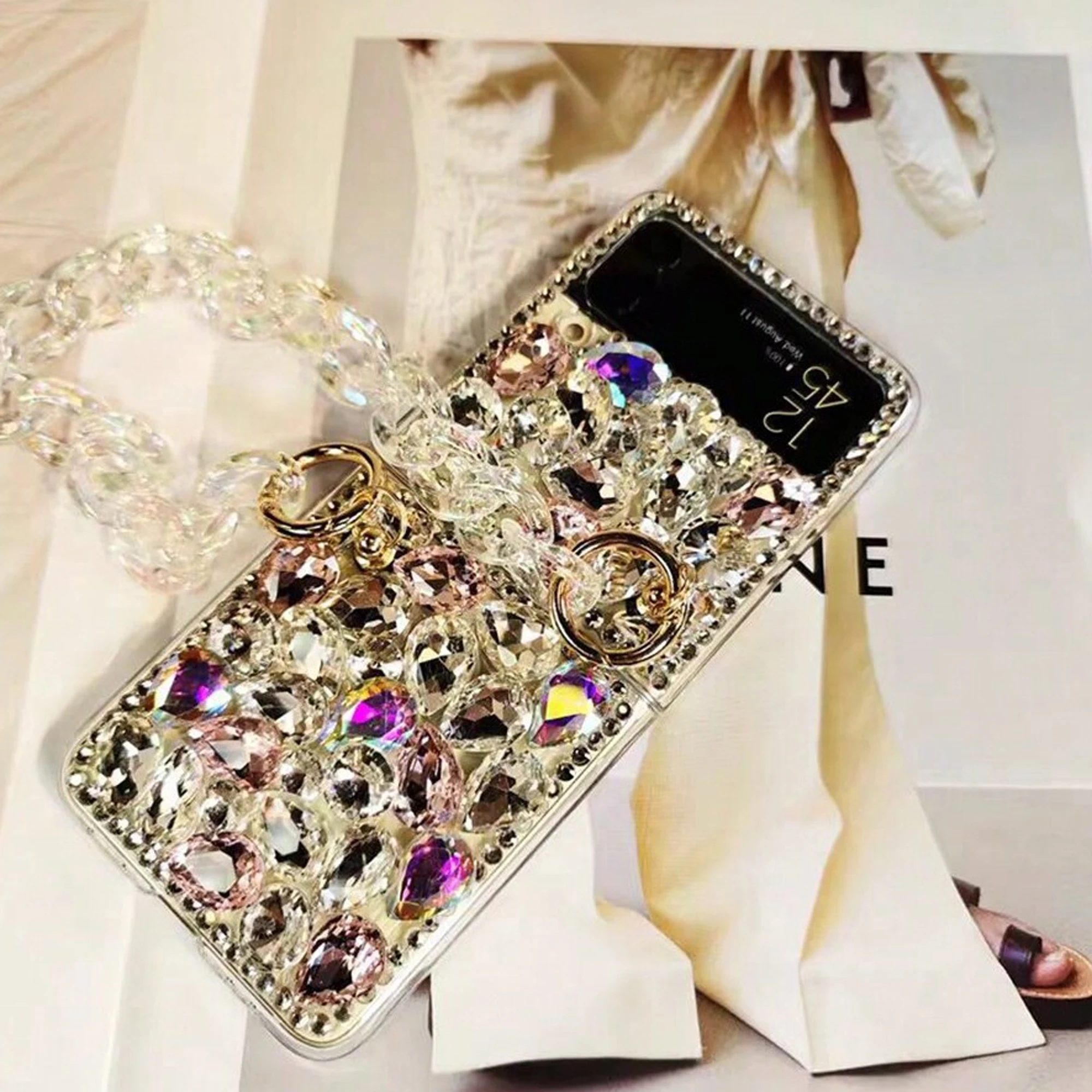 For Samsung Galaxy Z Flip 3 4 5 Phone Case Luxury Full Screen Diamond High-end Folding Screen And Phone Case Chain