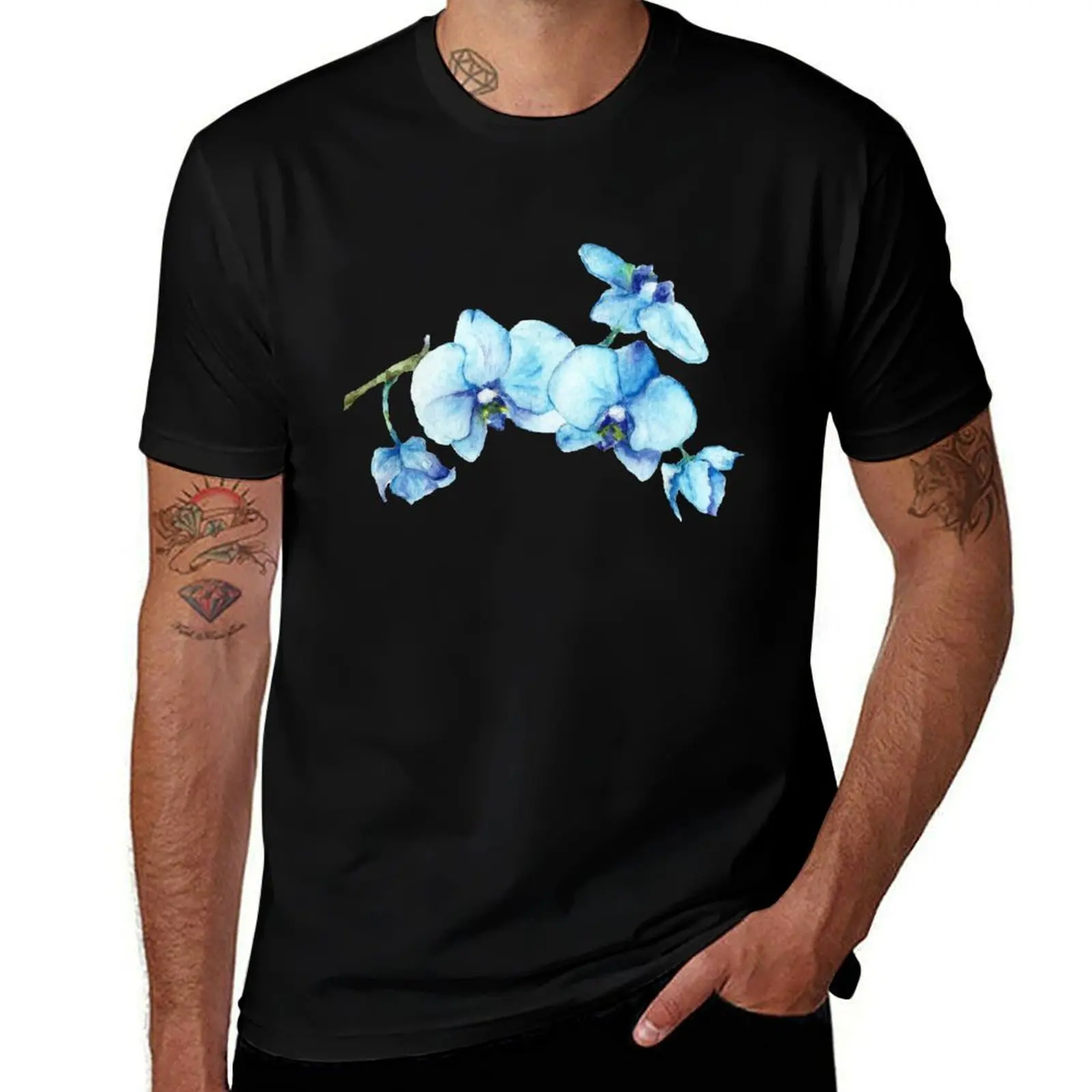 Blue Orchid Botanical Art T-Shirt Basic Crew Neck Short Sleeve Top T-Shirt