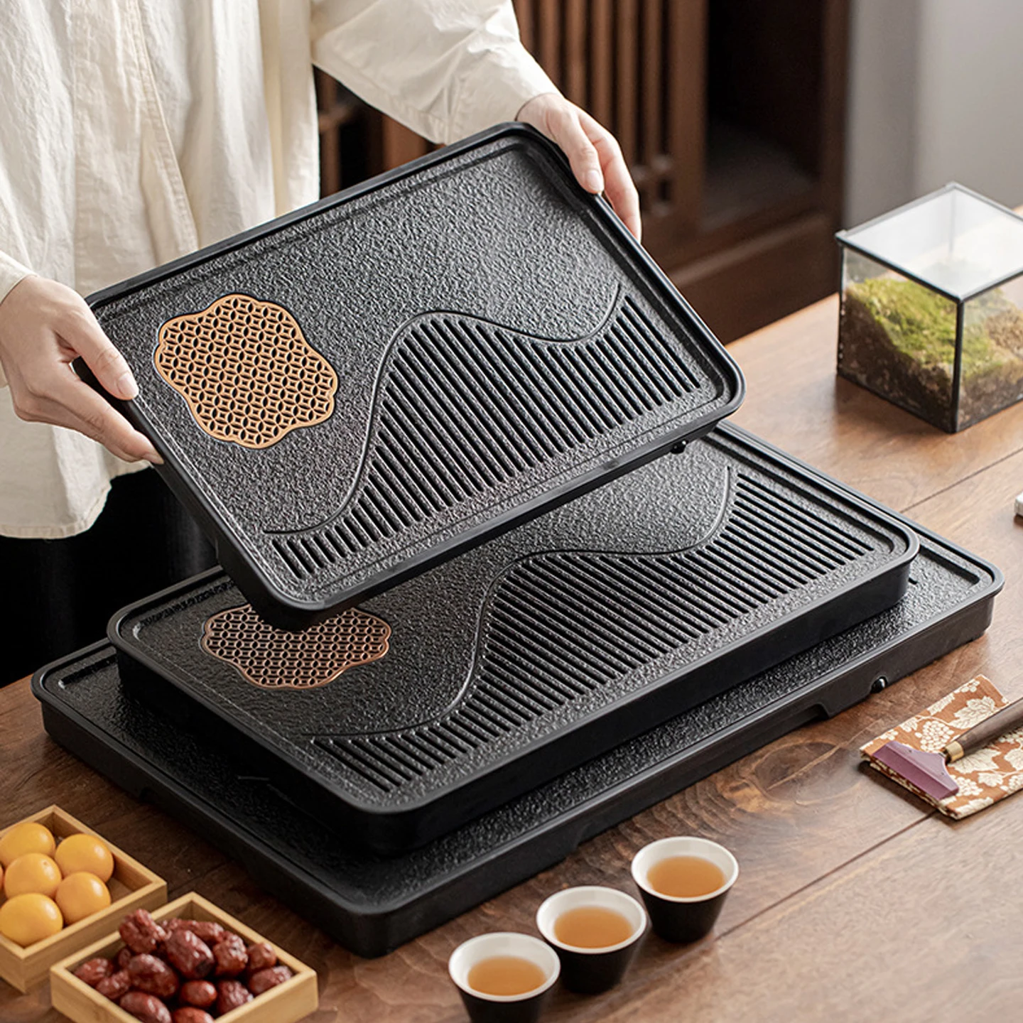 

Поднос для овощного чая Wujin Stone/поднос с меламиновым дном/хранилище воды и дренаж для офиса/гостиной/аксессуар для чайного сервиза Куung Fu