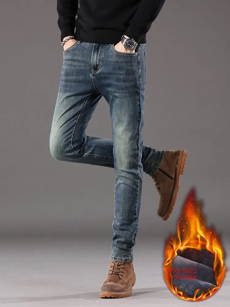 

High-End Fleece Lined Vintage Men's Jeans Slim Fit Casual Long Trousers Autumn Winter Style Fashion Urban Thick Denim mid Waist