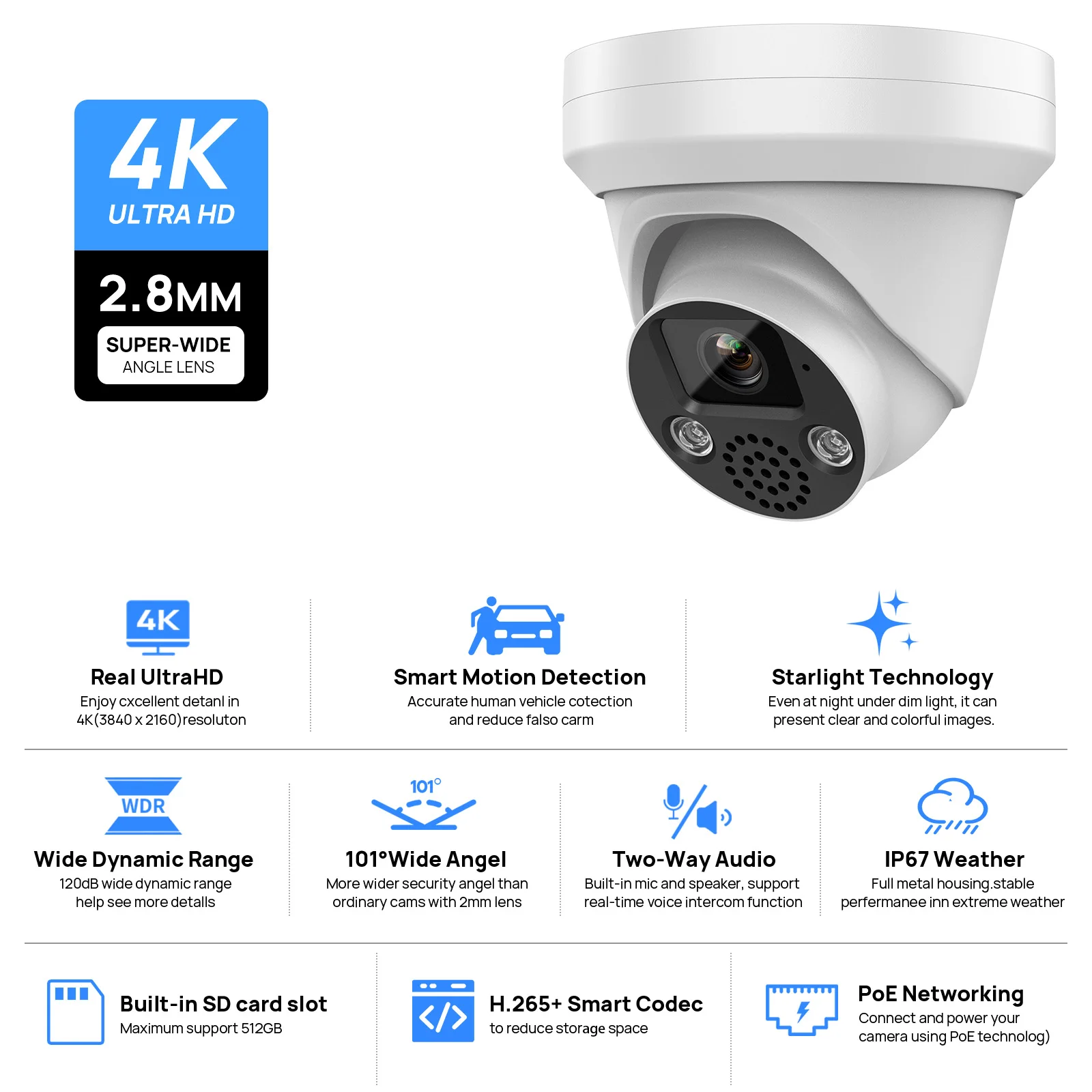 

Hikvision Compatible 5MP/8MP 30m IR Turret Network Security Camera 2-Way Talk Human/Vehicle Detection SD Card H.265+ IP67 WDR