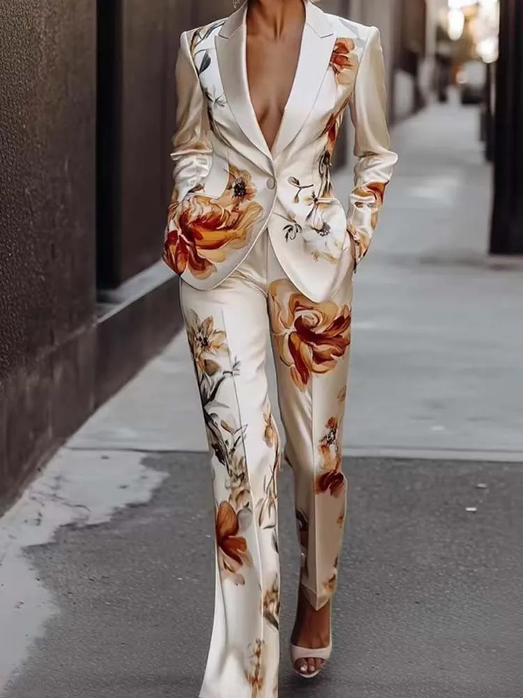 Traje de oficina de satén con escote en V profundo para mujer, conjunto de 2 uds., chaqueta de un botón de manga larga brillante blanca de invierno y pantalones de pierna recta para vacaciones