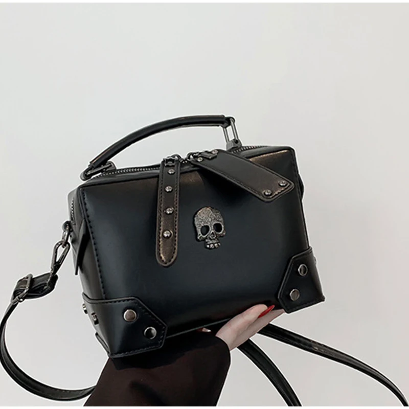 Fashion New Punk Style Small Square Bag For Women Skull Cross Design Motorcycle Women's Crossbody Bag Ladies Leather Handbag