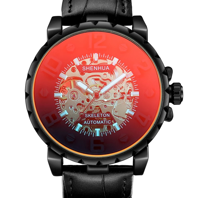 

Luxury Automatic Mechanical Watch Men Creative Tinted Glass Watches Steampunk Skeleton Leather Self Wind Clock relogio masculino