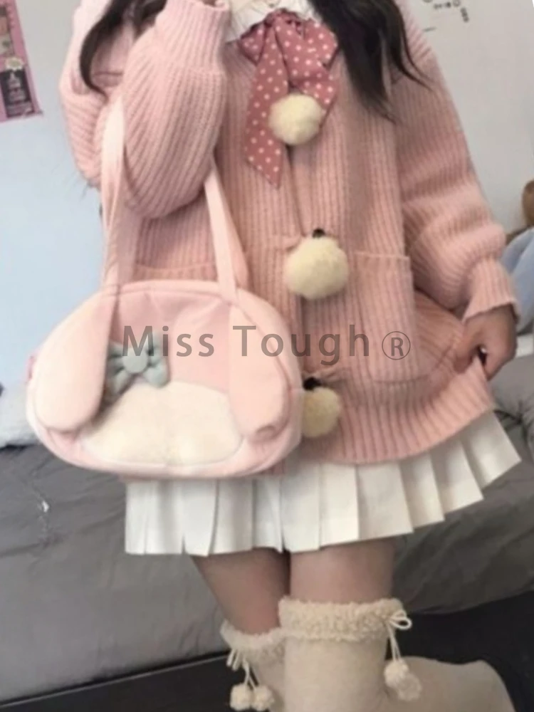 Japanese Sweet Preppy Style Knitted 2 Piece Set Pink Knit Cardigan + Pleated Skirt Women Clothes Winter Chic Harajuku Cute Suit