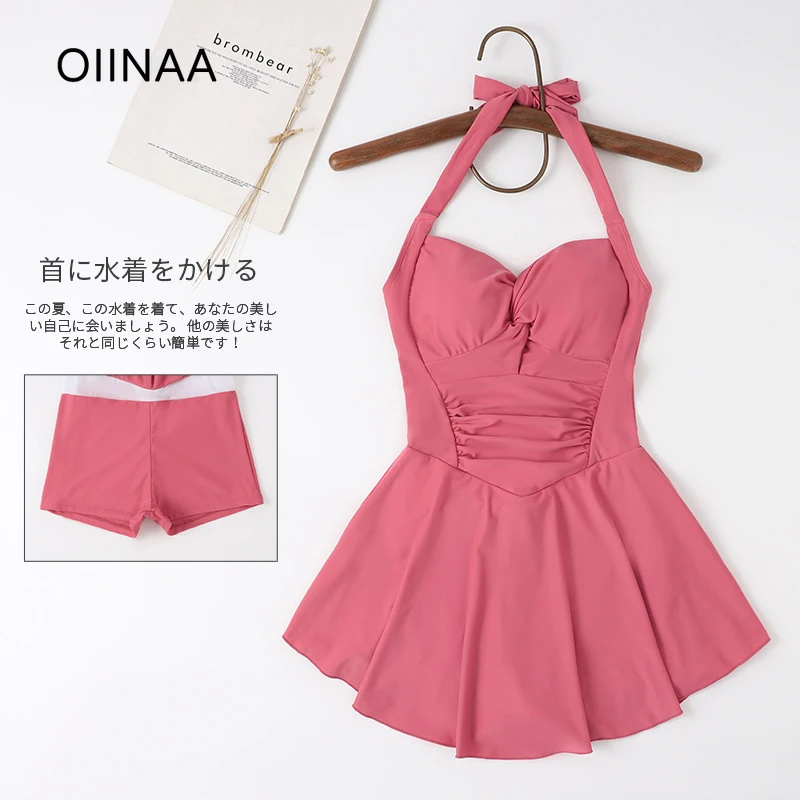 

OIINAA One Piece Swimsuit Women Neck-mounted Pleated Beach Dress Backless Lace Up Beachwear Summer 2025 New Sweet Korean Biquini