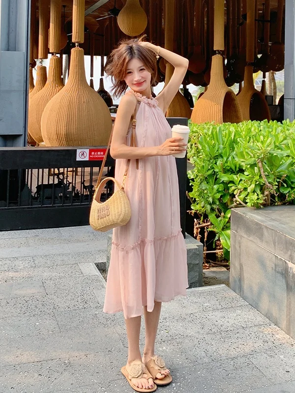 

Розовая длинная юбка с 3D цветами для женщин, лето 2025, новая пляжная модель, корейский стиль, с высокой талией, для отпуска