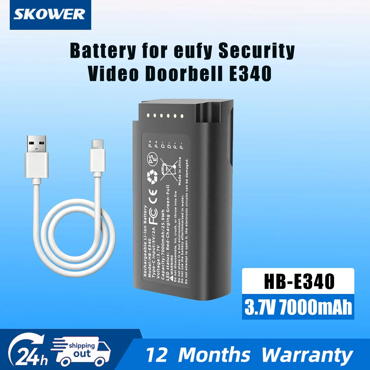 7000mAh High Capacity Replacement Battery for Eufy Security Video Doorbell E340 C31 Includes USB-C Charging Cable