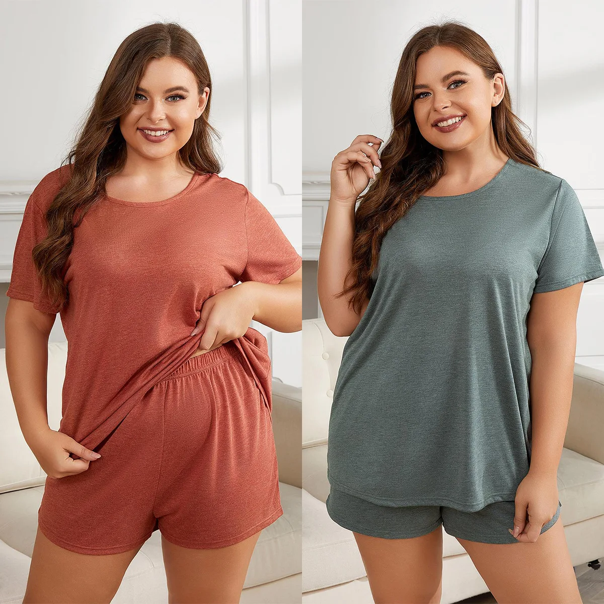 Plus Size XL-5XL Pajamas Suit Fat Girl Summer Solid Color Short Sleeved Shorts Two-Piece Sleepwear Loose Casual Home Clothes