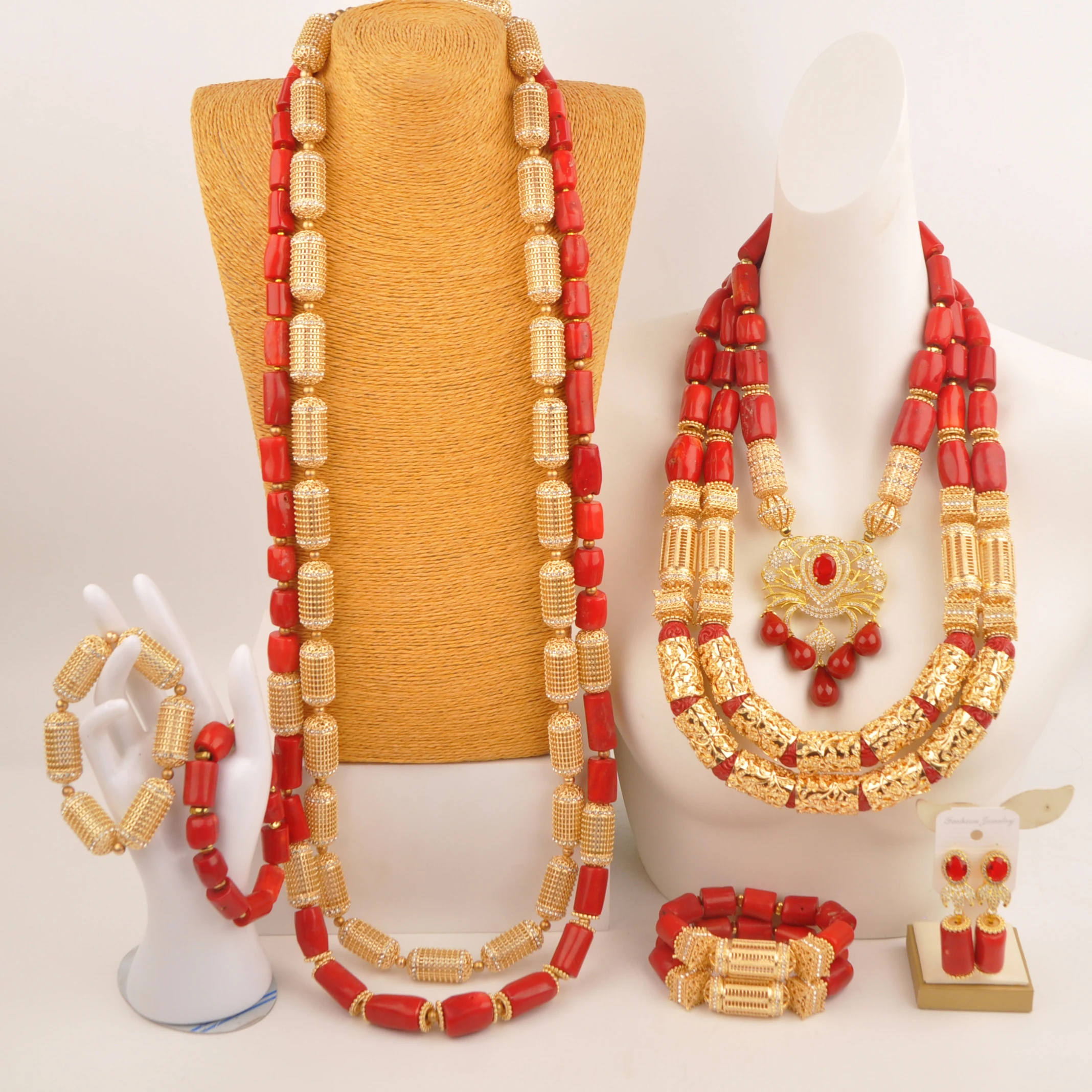 

Nigerian Couple Wedding Necklaces Nature Red Coral Beads Jewelry Sets