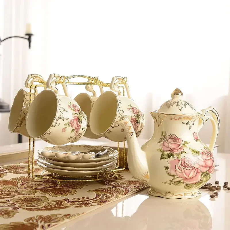 Rose Flowers Bone China Coffee Set British Porcelain Tea Set Ceramic Pot Creamer Sugar Bowl Teatime Teapot Coffee Cup Mug Coffee