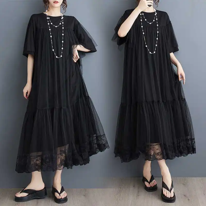 

Women Mesh Dresses Solid A Line Dress Lace Spliced Half Sleeve Mid Calf Length Loose Fit Straight Office Lady Casual 2025 Summer