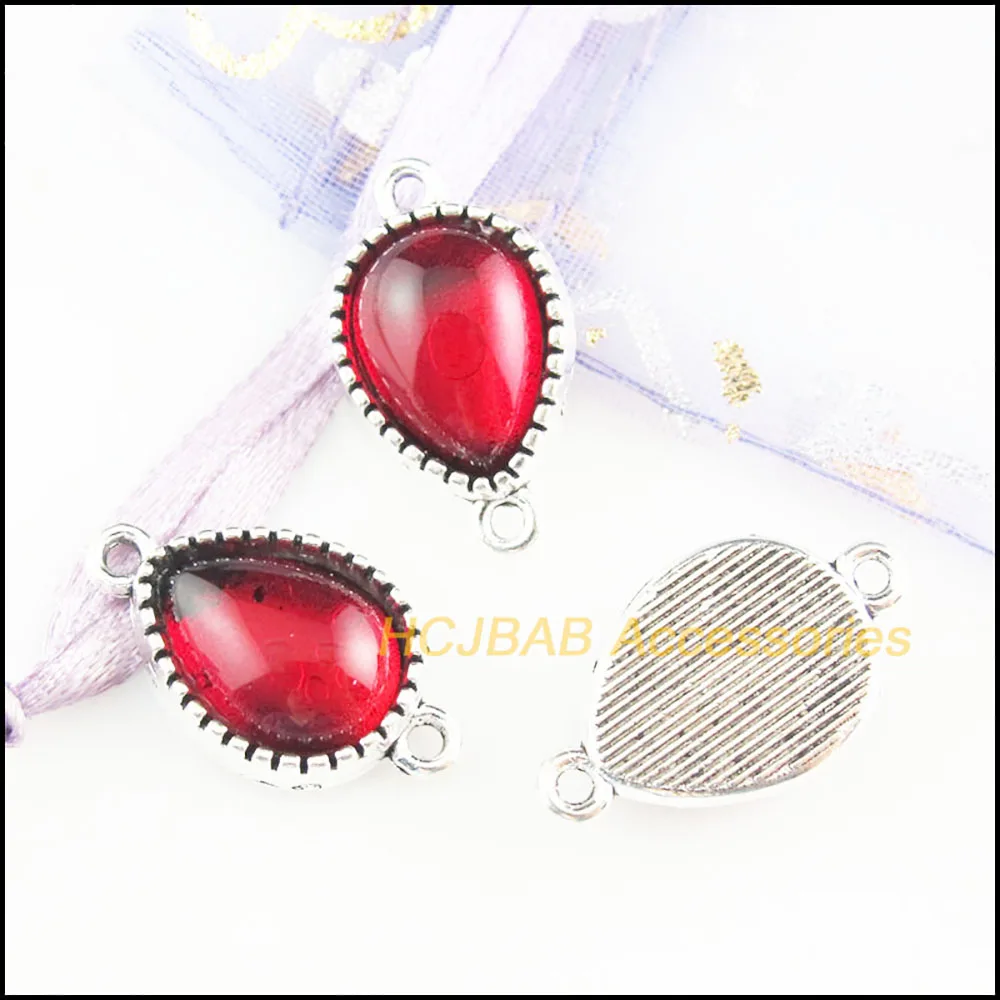 8Pcs Tibetan Silver Tone Flower Teardrop Red Glaze Charms Connectors 13x23mm HCJBAB