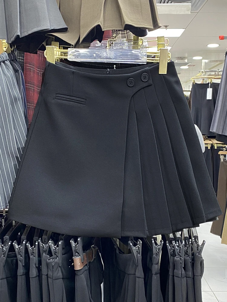 Dophee Korea All-match Suit Pleated Skirt 2025 New Spring Autumn Two Buttons High Waist A-line Short Skirt Women Mini Skirts