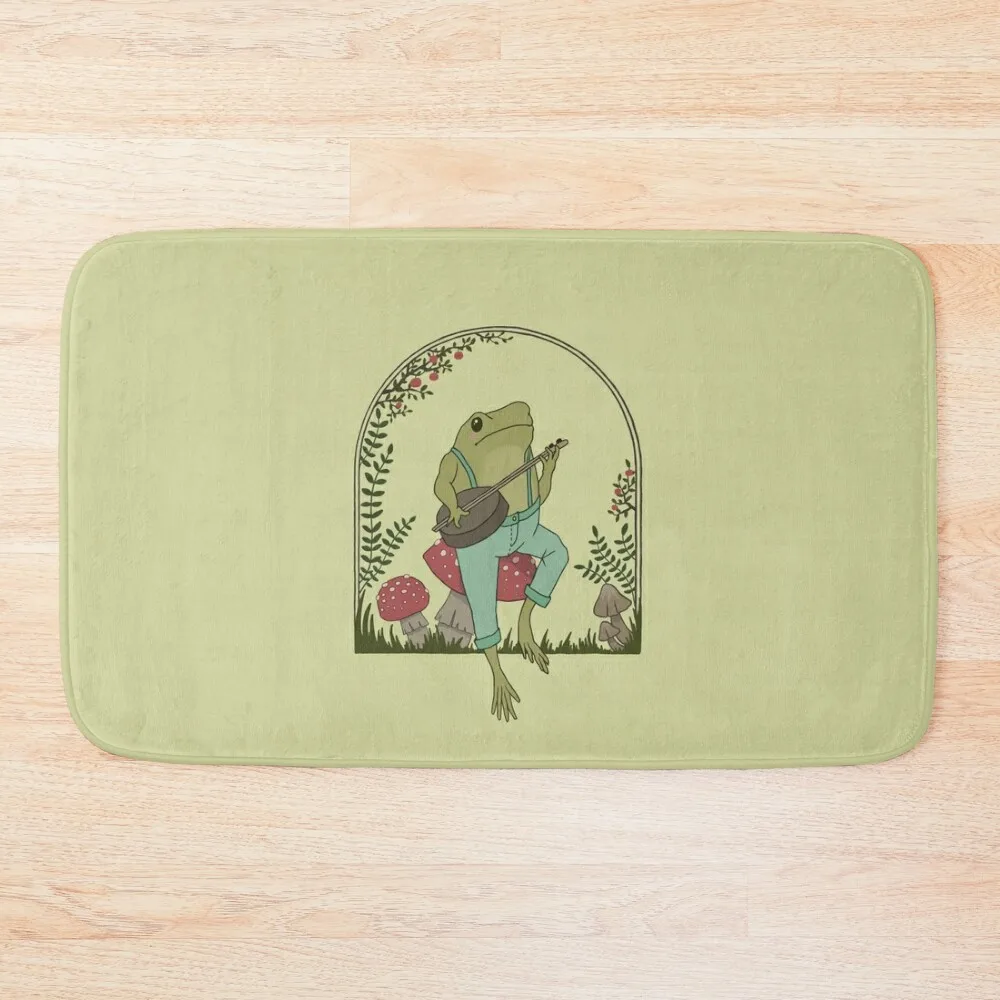 

Cottagecore Aesthetic Frog Playing Banjo on Mushroom: Cute Vintage Goblincore Farmer Toad in Garden, Emo Grunge Fairyco Bath Mat