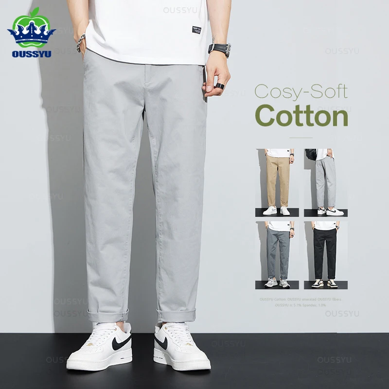 

Summer 97.8%Cotton Men's Ankle-Length Casual Pants Thin Business Straight Grey Khaki Work Solid Color Trousers Male Plus Size 40