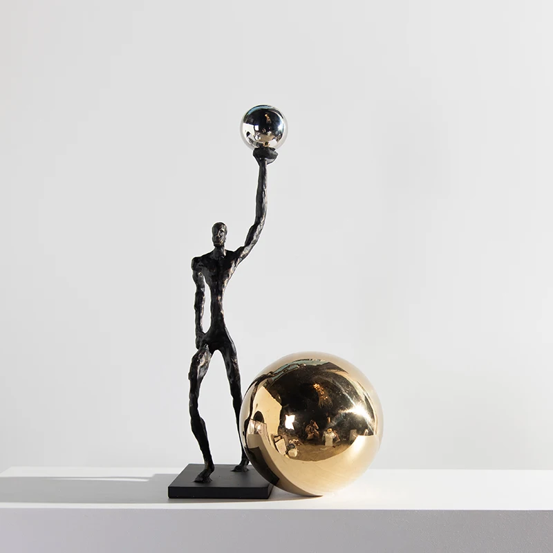 Modern Abstract Black Metal Abstract Figure Hold Ball Statue Decor Home Living Room Office Hotel Crafts Figurines Ornaments Gift