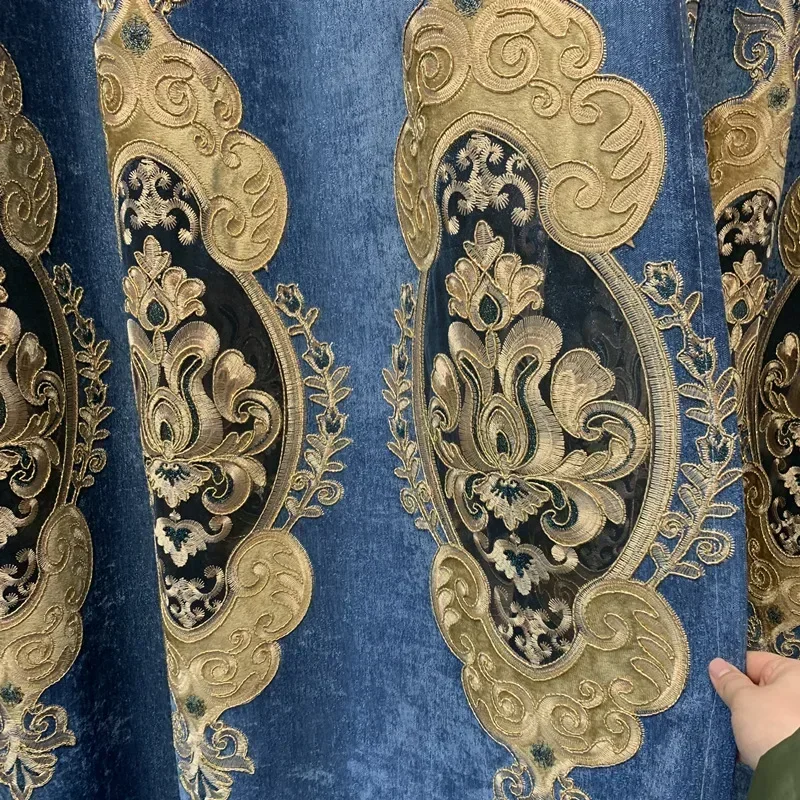 

Luxury Hollow Embroidered Chenille Curtains For Bedroom Living Room Dining Room Blue Fabric Custom Window Blackout Decor Tulle