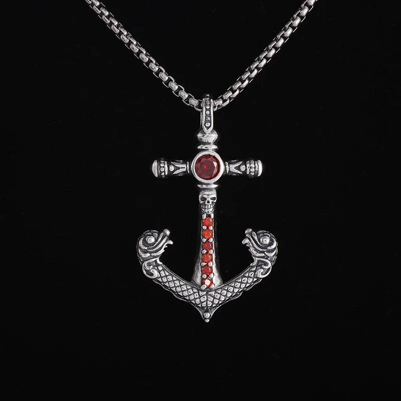 Vintage Punk Satanic Goat Head Pirate Pendant Necklace Fashion Hip Hop Red Zircon Men's Anchor Necklace Nautical Anchor Jewelry