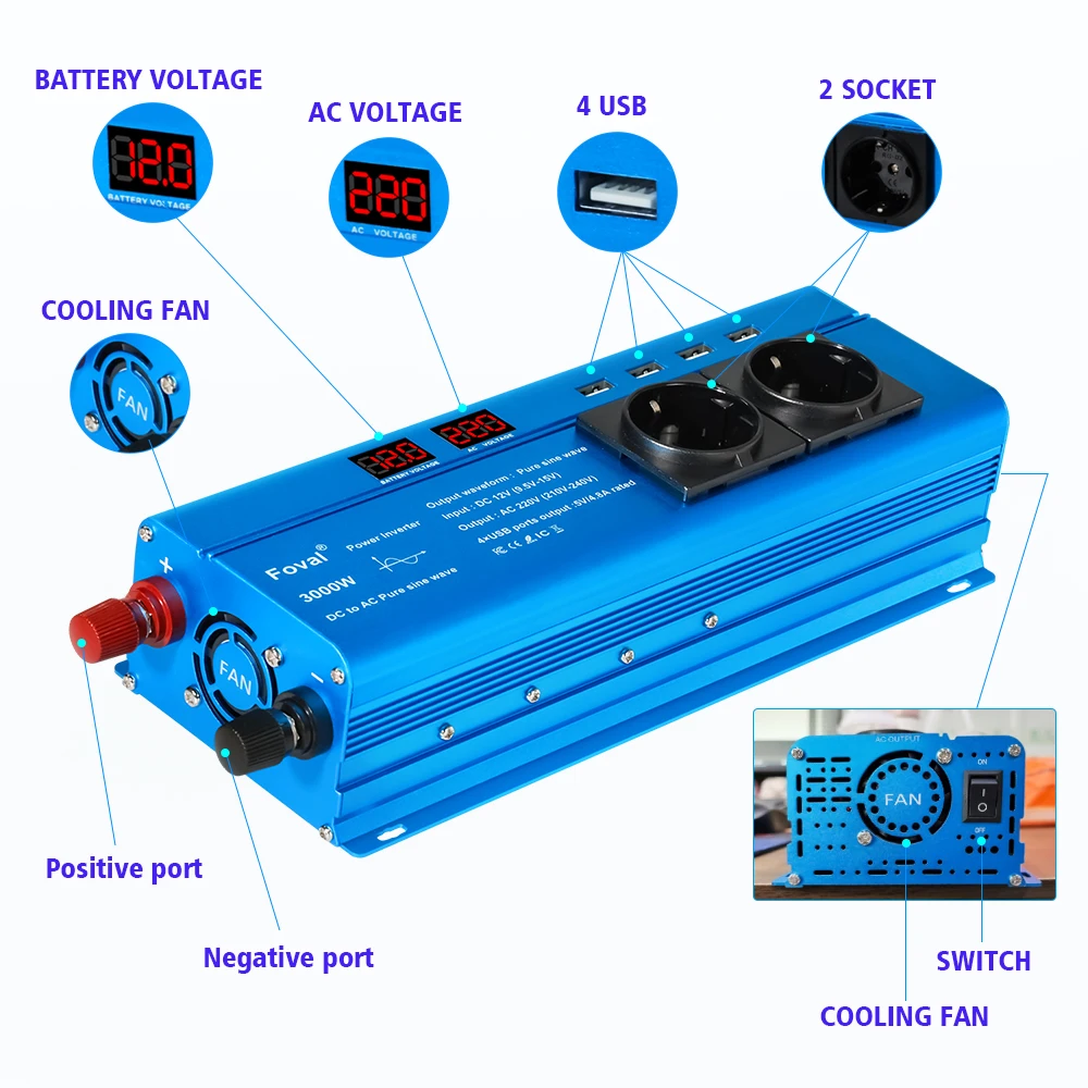 3KW 3000W Pure Sine Wave Inverter Dc To Ac 12v 24v To 110v 220v For Home Appliance