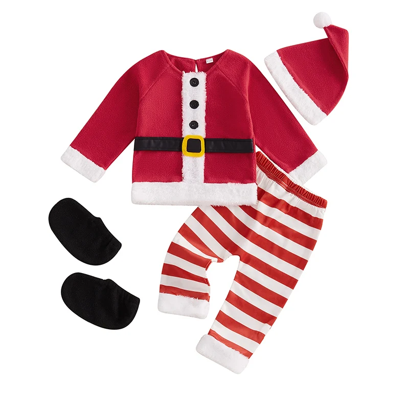 

Baby Christmas Outfit Long Sleeve Patchwork Top with Striped Pants Hat Shoe Covers Cosplay Costume