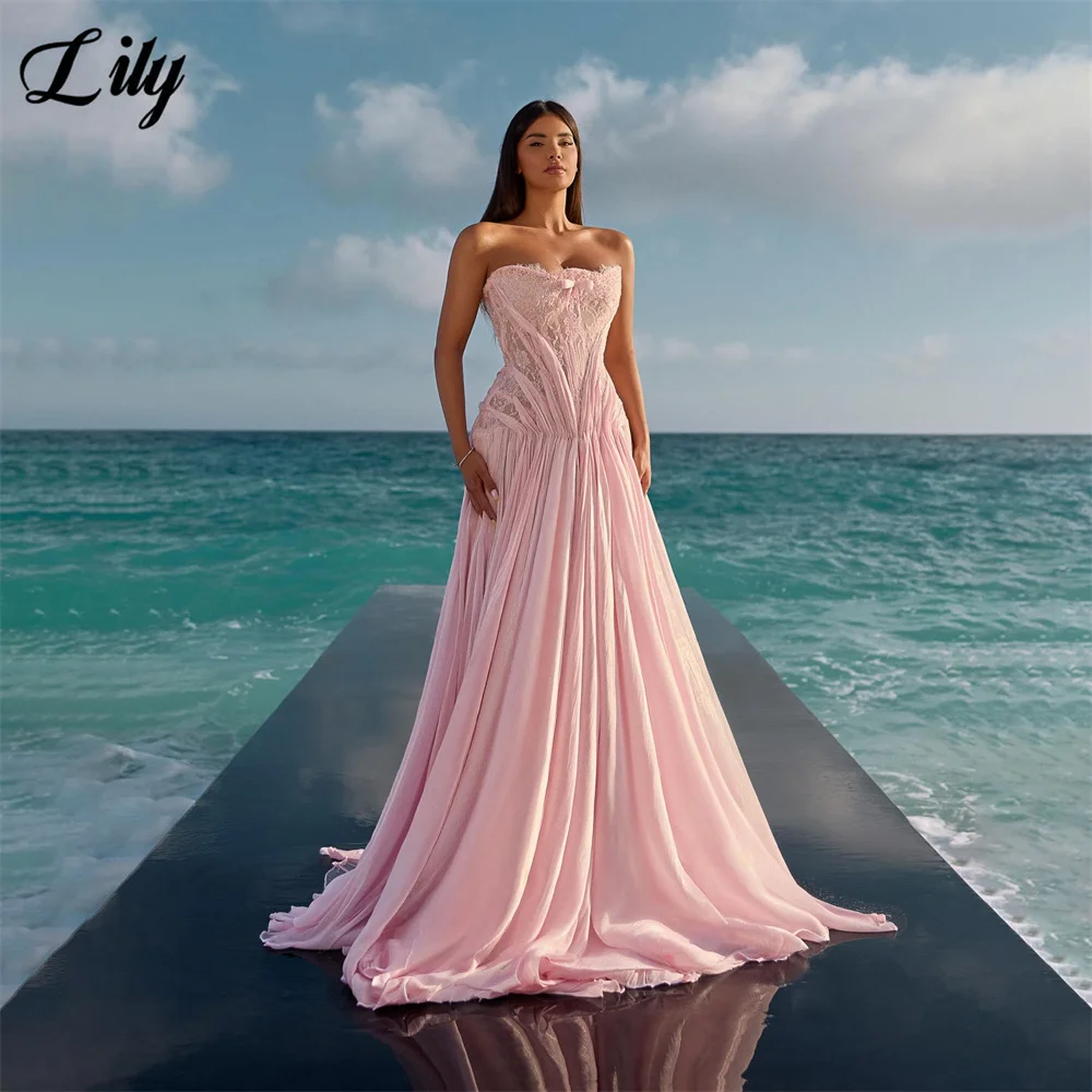 Lily Pink Prom Dresses Strapless Celebrity Dress Lace Boned Corset Chiffon Evening Dress Ruched A Line Wedding Dress Customized