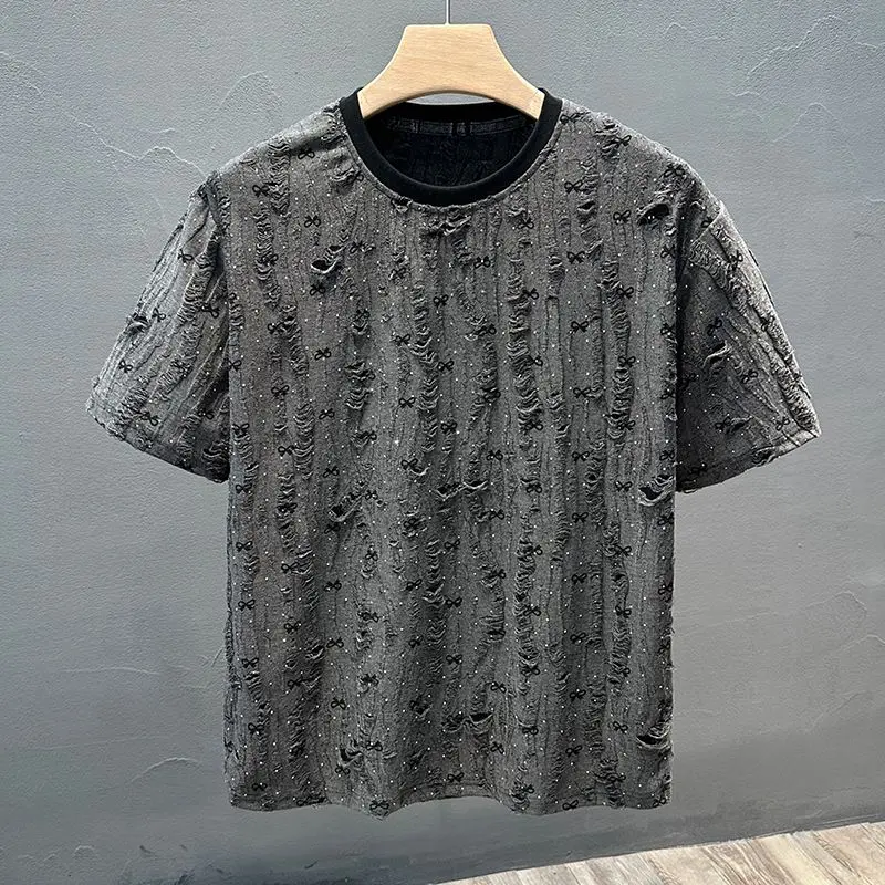 Summer Trendy Ripped Fashion Casual Niche Loose Round Neck Short-sleeved T-shirt Individual Men's Top