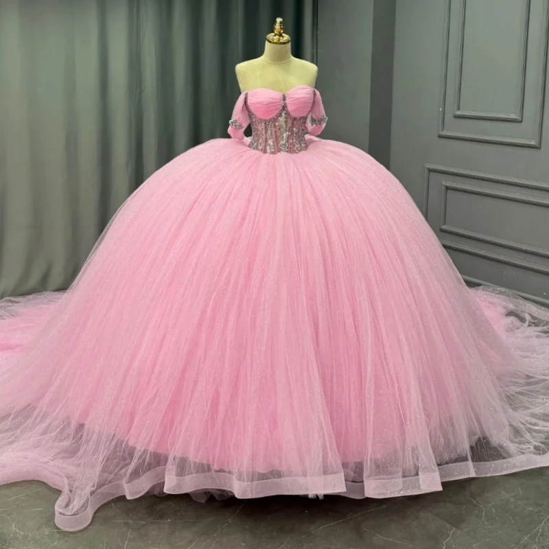 

Pink Shiny Quinceanera Dresses Off The Shoulder Beading Crystal Tull Corset Party Birthday Sweet 16 Dres Vestidos 15 De Anos