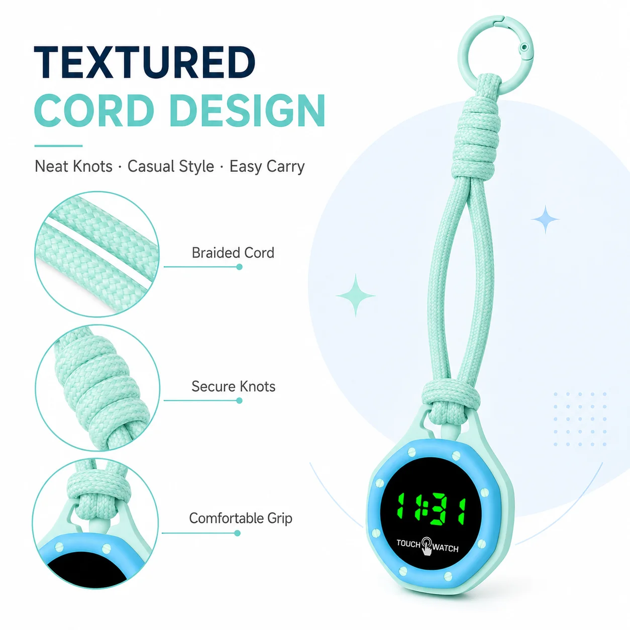 Portable LED Digital Hanging Watch with Braided Rope, Touch Screen Keychain Clock, Lightweight Bag Pendant Timer, Unisex