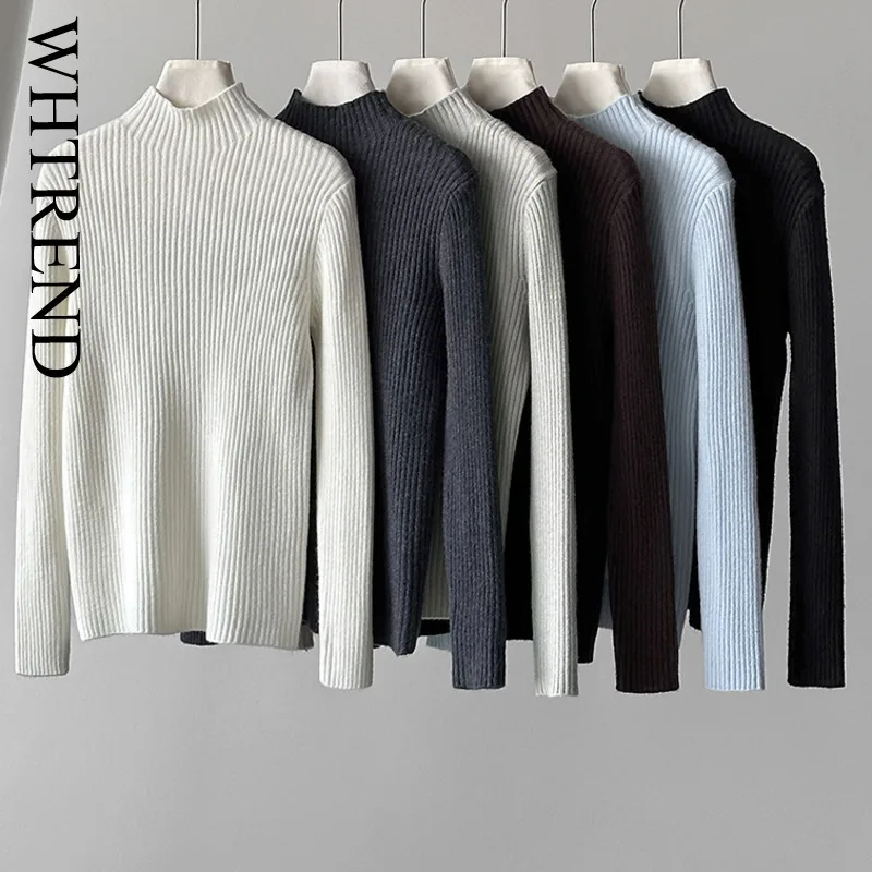 

WHTREND водолазка для женщин, осень-зима, новый однотонный вязаный топ с длинными рукавами, внутренний пуловер, топ WH2044