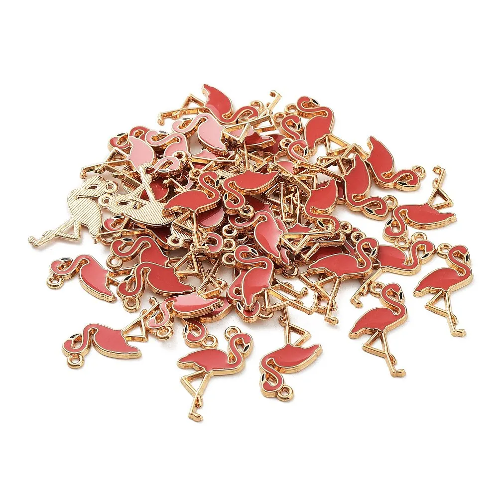 10 piezas de colgantes de flamenco de aleación esmaltada, en forma de flamenco, en oro claro y rojo violeta pálido, para decoración de collares