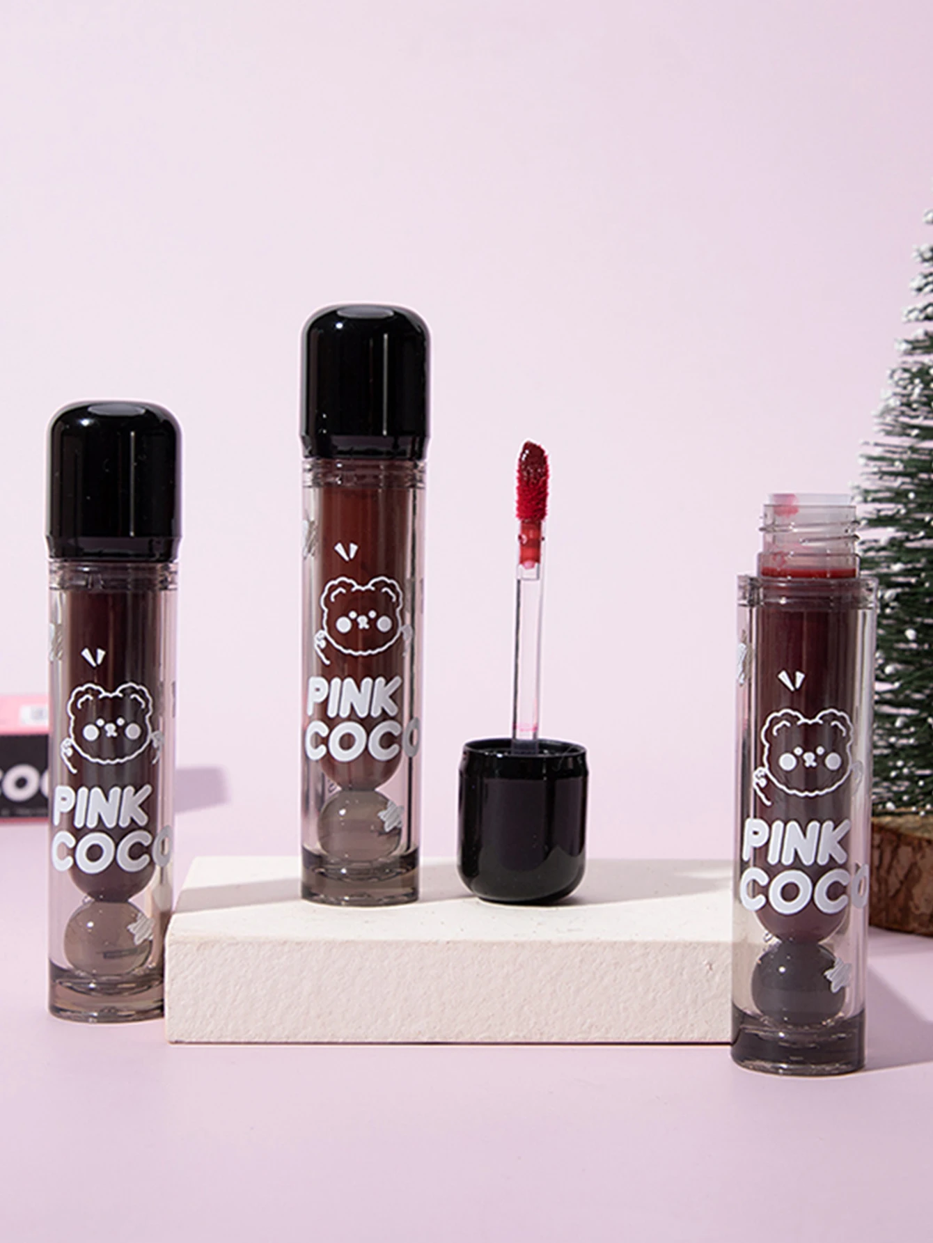 PINKCOCO Bear Doodle Mirror Lip Glaze – Brillant à lèvres brillant longue durée, rouge à lèvres nu éclaircissant pour étudiants, beautifu