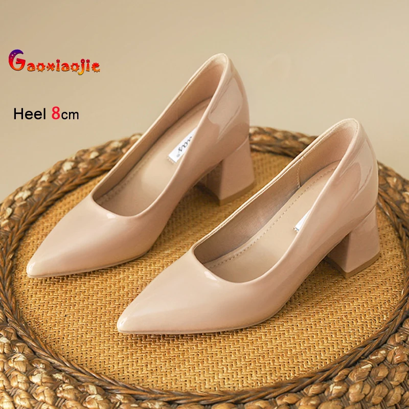 

Ladies Pumps 8CM Chunky Heel Classics Office Career Shoes For Women 2026 New Spring Versatile Pointy Toe Height Increasing Heels