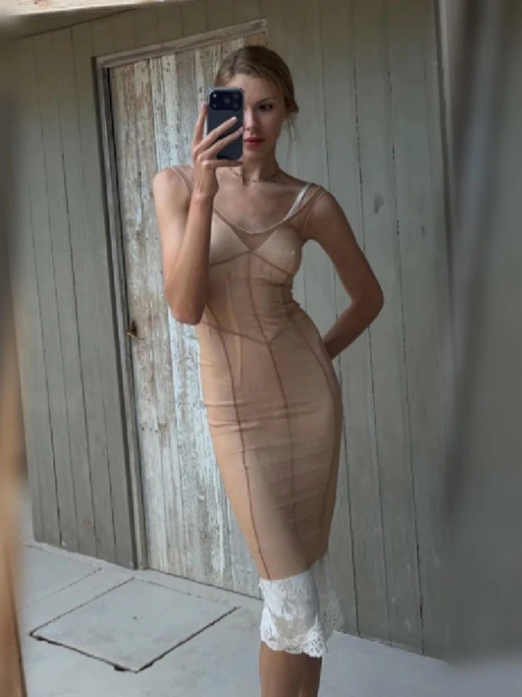 

Sexy Pure Desire Perspective Fishbone Mesh Strap Women's Tight Dress Sleeveless Lace Splicing Package Hip Beach Vacation Skirt