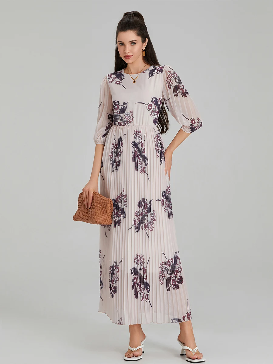 Robe longue plissée à imprimé fleuri pour femme, col rond, manches 3-4, taille haute, robe trapèze pour fête et club