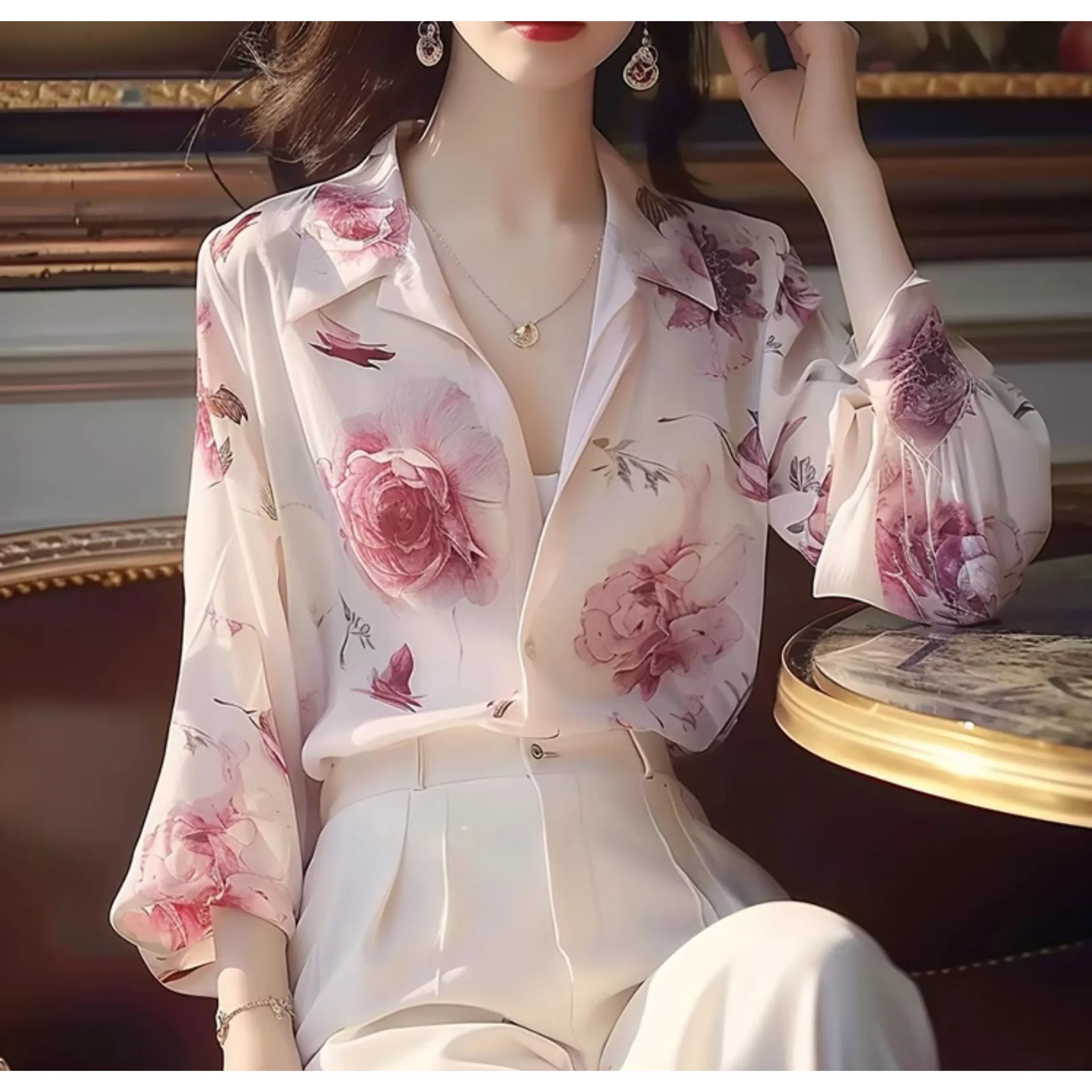 Boweylun pink flower sunscreen long sleeved shirt French high-end cardigan top women's summer