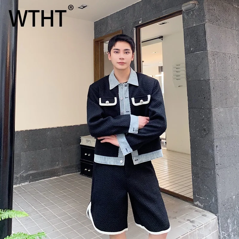 

WTHT Fashion Men's Suit Spliced Denim Contrast Color Coats Casual Loose Wide Leg Short Pants Set Male 2025 Autumn 2A1973
