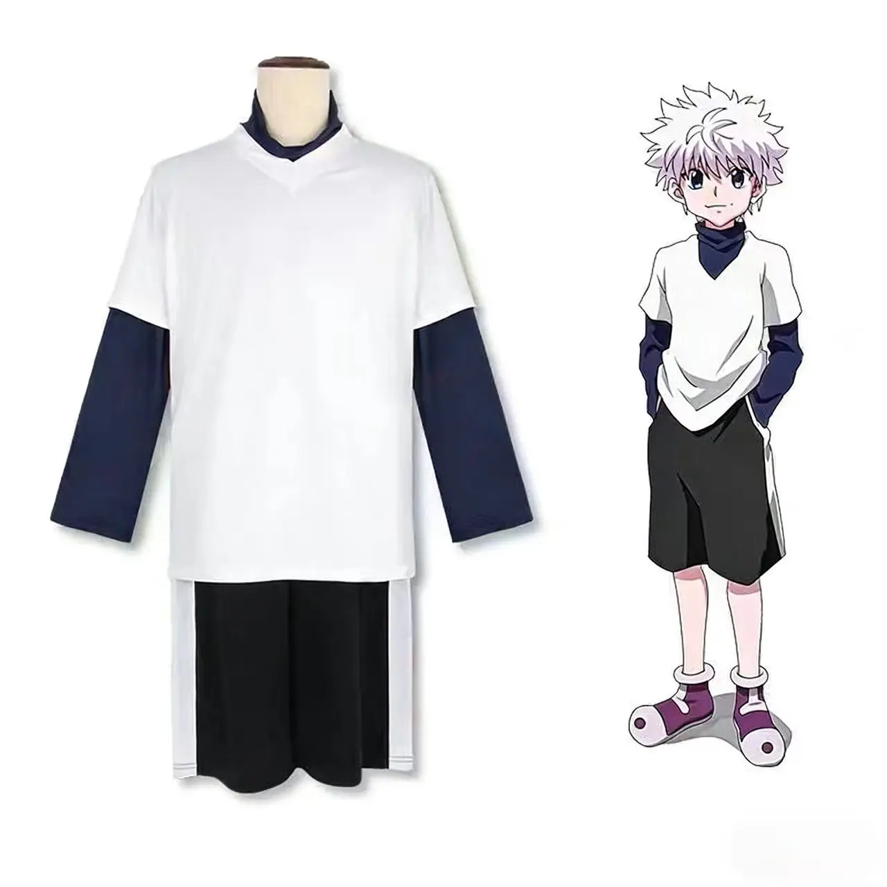 

Hunter X Hunter Killua Zoldyck Cosplay Costumes Whiter Short Sleeve And Black Shorts Suit For Man Comic Con Halloween Costumes