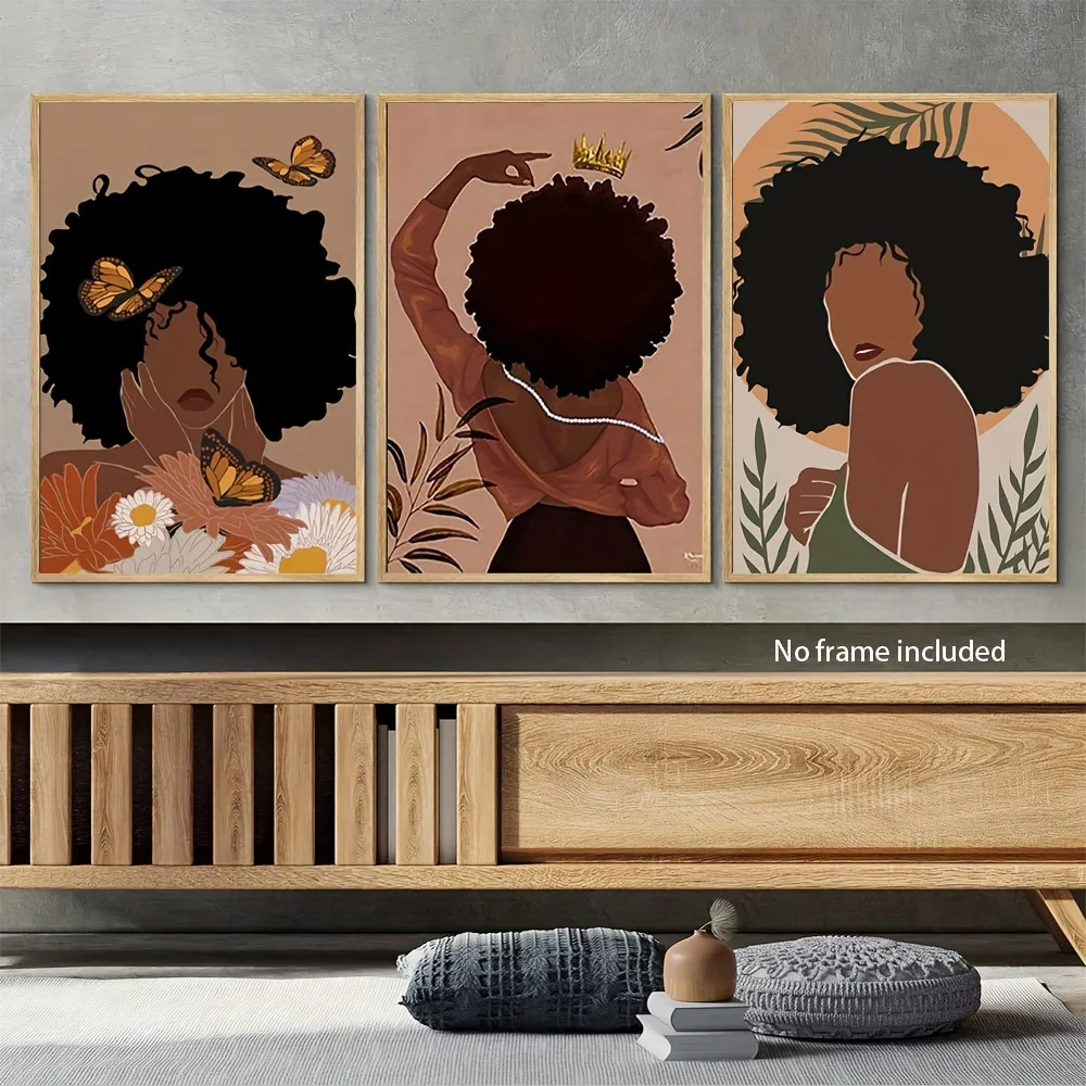 （NoFrame 3PCS）-2D Flat, 2D Flat, A Set of Three 2D Wall Art Prints Featuring African American Women on Canvas, Suitable for D